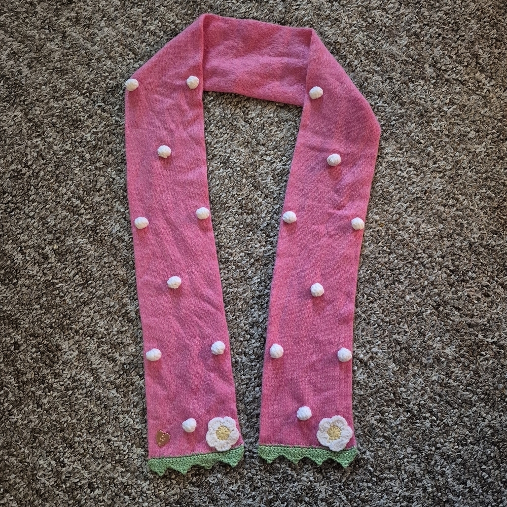 NWOT Wool Cashmere Pink Scarf with Floral and Pom Pom Accents Gold Heart Charm